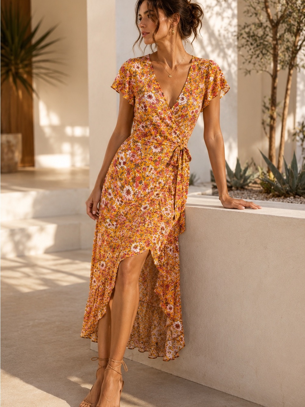 Audrey 3+1 Floral Wrap High-Low Dress in Mustard and Pink